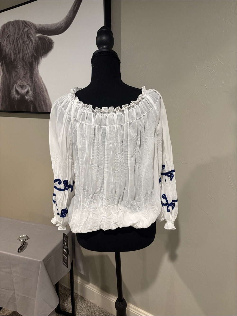 INC International Concepts White Blouse with Blue Embroidery - Picture 2 of 6